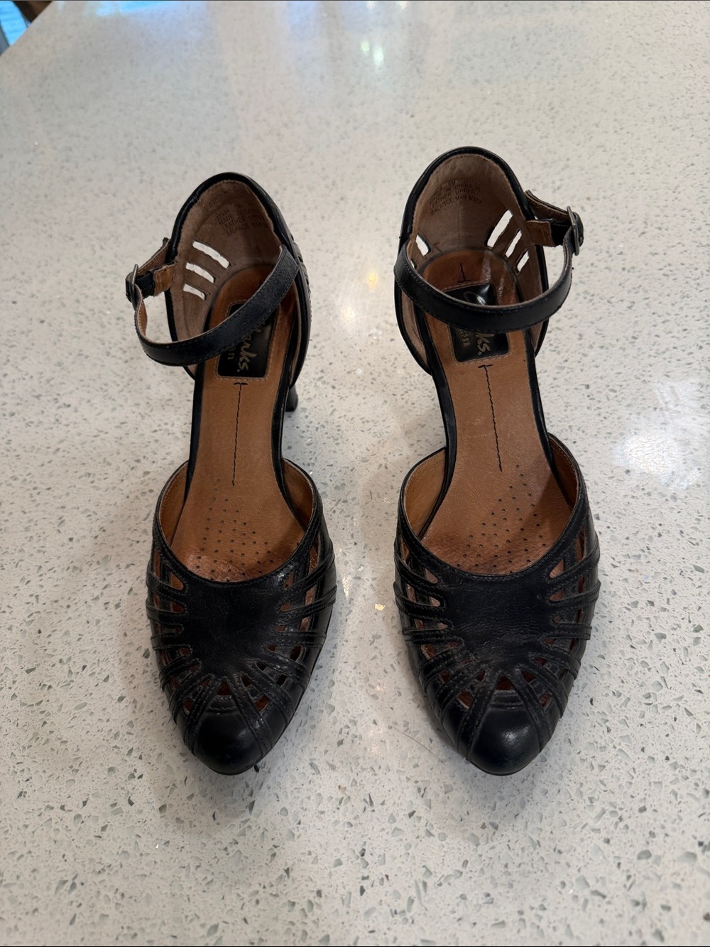 Clarks Black Leather Ankle-Strap Cutout Heels